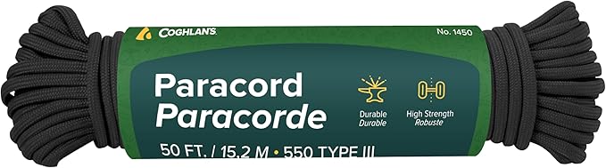 Coghlan's 50 ft Nylon Paracord, Black - Type III 550 Survival Rope with 7 Core Strands, 550 lbs Break Strength - Versatile Outdoor Gear for Camping, Shelter, Repair, and Emergency Preparedness