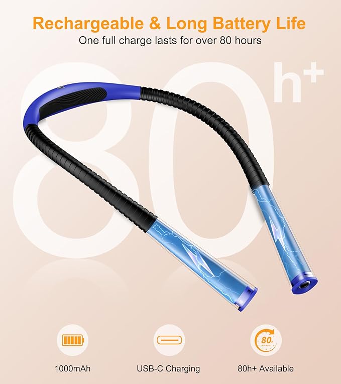 Gritin Book Light, Eye Caring 4-Color & 5-Brightness Neck Light Reading Light- Stepless Dimming,30-min Timer,80+ Hrs Runtime,Bendable Round Neck Design, Lightweight for Reading-Dark Blue