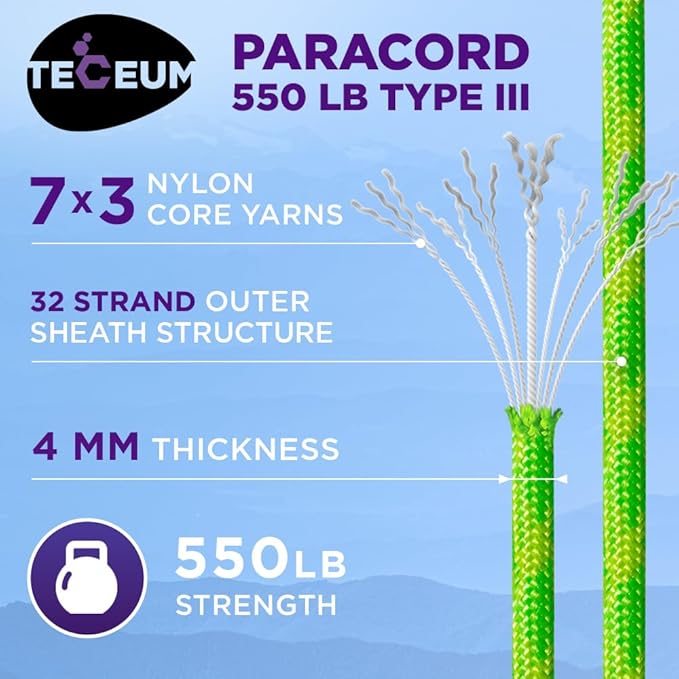 TECEUM Reflective Paracord Rope 1000 – 1000ft/200ft/100ft/50ft – 40+ Colors – Glow in The Dark – para Cord – Utility Rope for Survival, Hunting & Camping Gear – Nylon String, Camping Rope, Tent Cord