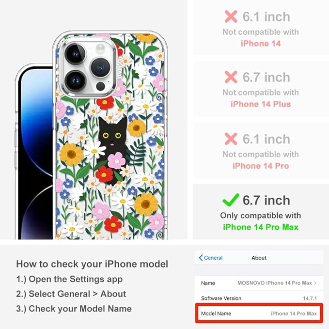 MOSNOVO Case for iPhone 14 Pro Max, [Buffertech 6.6ft Military-Grade Drop Protection] [Anti Peel Off Tech] Clear TPU Bumper Phone Case Cover Design - Black Cat in Garden