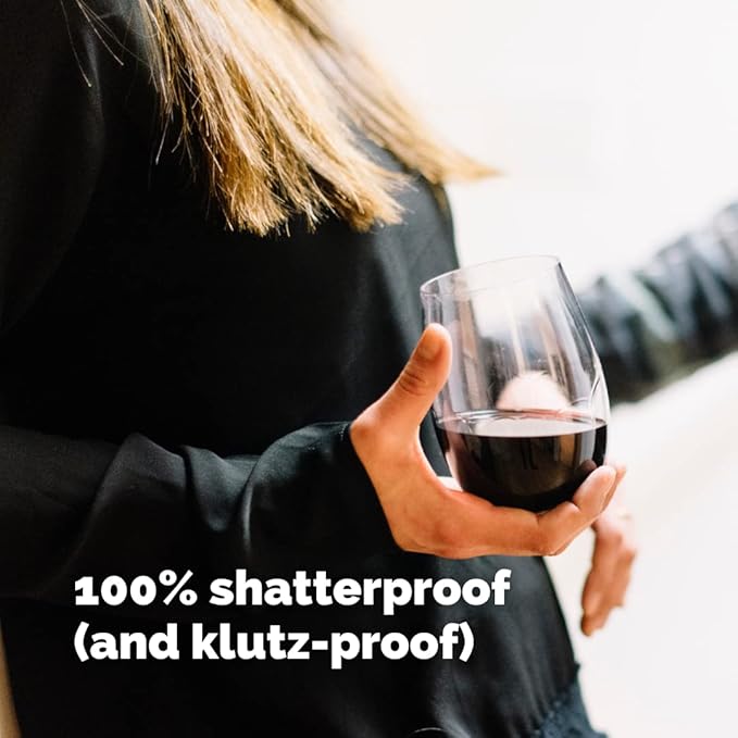 TaZa Outdoor Wine Glasses Stemless, 16oz Set of 4, Unbreakable Tritan Plastic Drinkware, Dishwasher Safe Reusable Glasses, Clear Shatterproof Glassware