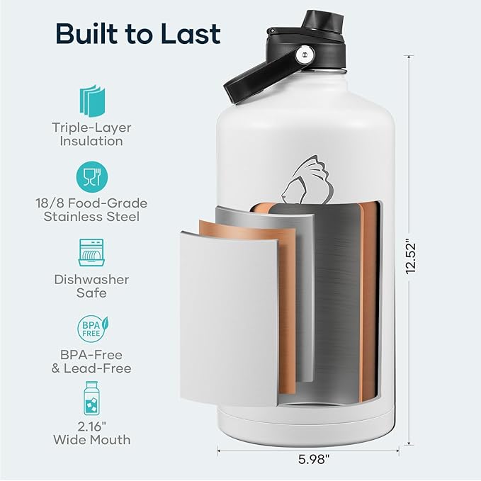 BUZIO Gallon Water Bottle Insulated, 128 oz Large Water Jug Vacuum Stainless Steel Big Metal Flask (Cold for 48 Hrs), Leak Proof & BPA-Free, with Straw and Spout Lids, White
