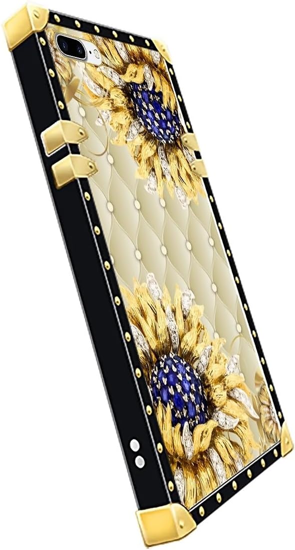 Compatible with iPhone 8 Plus 7 Plus Case, Sunflower Diamonds Leather Luxury Golden Decoration for Girl Women Soft TPU Shockproof Protective Hard PC Back for iPhone 8 Plus 7 Plus