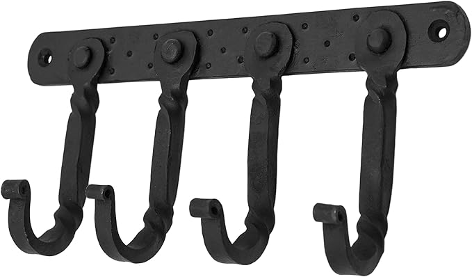 "Mystic Colonial Rustic Cast Iron Wall Mounted Coat Rack with 4 Blackened Hooks � Heavy Duty Vintage Utility Hanger for Entryway, Bathroom, Kitchen, Bag, Hat & Towel � Mounting Hardware Included"