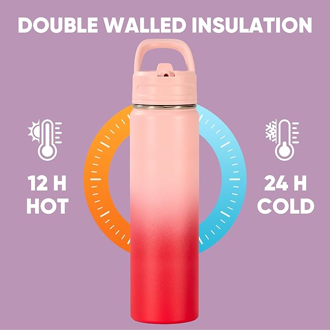 Fijinhom 24oz Insulated Stainless Steel Water Bottle with Straws, Double Wall Vacuum Insulated Bottles, Metal Thermo for Travel, Sports, Leak-Proof, BPA Free, Women & Men, Pink Gradient