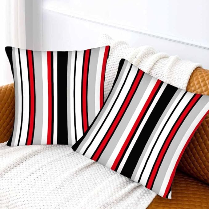Vertical Lines Striped Pillow Covers 18 X 18 Black White Grey Red Watercolor Set of 2 Pillow Cases Square Velvet Outdoor Throw Cushion Pillowcases Decorative for Home Bed Sofa Couch Hotel