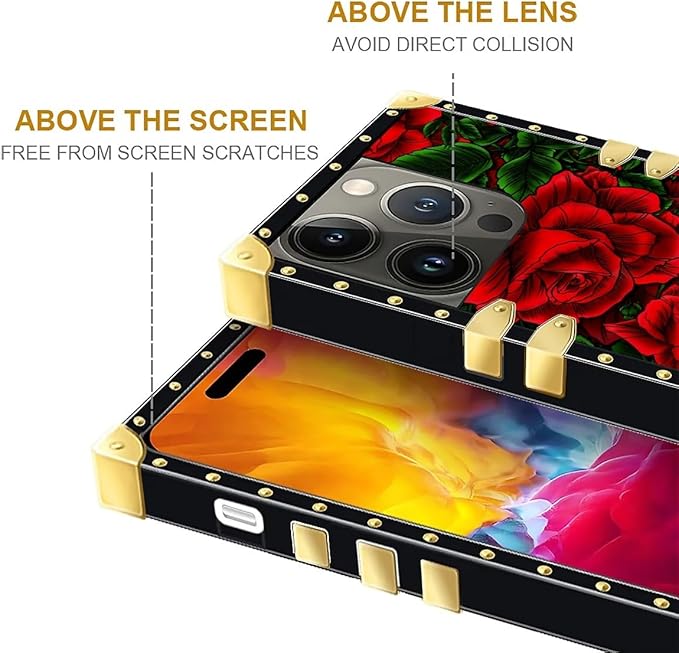 Compatible with iPhone 15 Pro Case, Vector Red Rose Green Leaf Luxury Golden Decoration for Girl Women Soft TPU Shockproof Protective Hard PC Back for iPhone 15 Pro