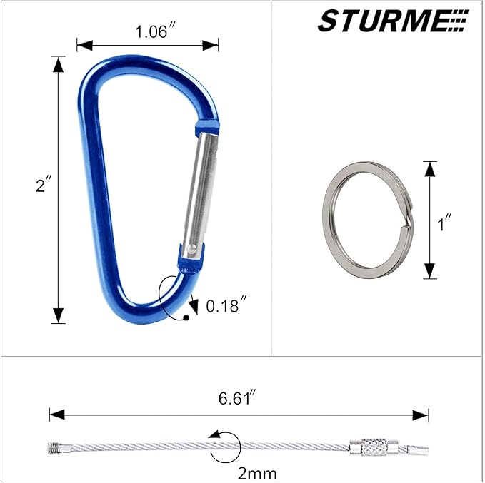STURME 2" Aluminum D Ring Carabiners Clip D Shape Spring Loaded Gate Small Keychain Carabiner Clip Set Outdoor Camping Mini Lock Snap Hooks Spring Link Key Chain Durable Improved 24 PCS