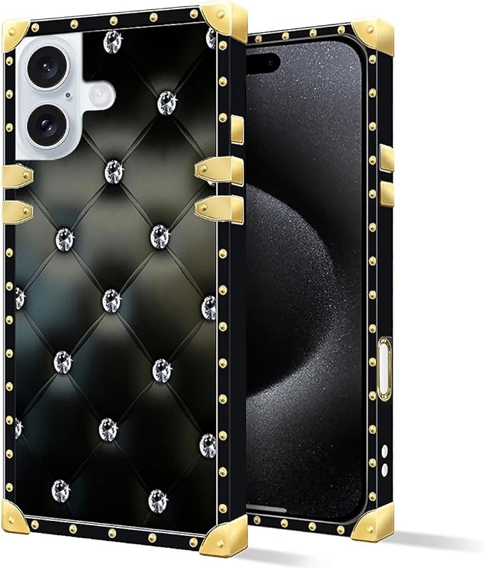 Compatible with iPhone 16 Plus Case, Shiny Black Sofa Crystal Luxury Golden Decoration for Girl Women Soft TPU Shockproof Protective Hard PC Back