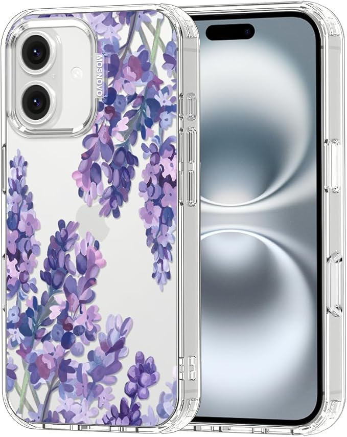 MOSNOVO Case for iPhone 16, [Buffertech 6.6ft Military-Grade Drop Protection] [Anti Peel Off Tech] Clear TPU Bumper Phone Case Cover Design - Lavender