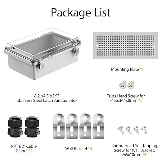LeMotech Electrical Box, IP67 Waterproof Hinged Clear Cover Stainless Steel Latch Junction Box, ABS Plastic Electrical Enclosure with Mounting Plate,Wall Brackets, Cable Glands,8.2"x4.2"x2.9",Grey