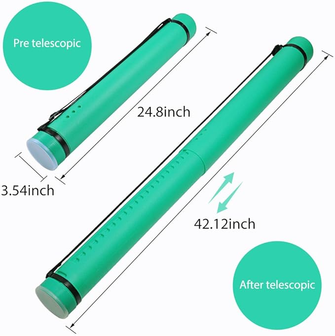 DEWEL Document Tube,Plastic Expanding Poster/Art/Document Storage Tube 24.5 to 40 inches Adjustable with Carrying Strap Waterproof and Light-Resistance Telescoping Carrying Case (Green-Large Size)
