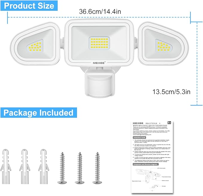 MEIKEE 42W LED Security Lights Motion Sensor Light Outdoor Flood Light, 3600LM 6500K IP66 Waterproof, 3 Adjustable Heads Motion Detector Lights for Outside Garage Yard Garden Porch Entryways