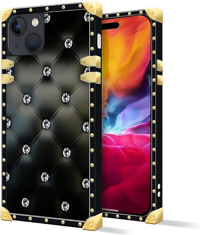 Compatible with iPhone 15 Case, Shiny Black Sofa Crystal Luxury Golden Decoration for Girl Women Soft TPU Shockproof Protective Hard PC Back for iPhone 15