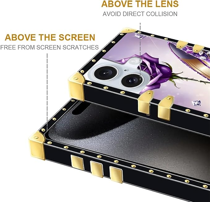 Compatible with iPhone 16 Plus Case, High Heeled Purple Diamond Rose Luxury Golden Decoration for Girl Women Soft TPU Shockproof Protective Hard PC Back for iPhone 16 Plus