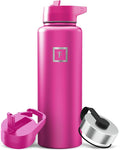 IRON °FLASK Camping & Hiking Hydration Flask with Straw, Wide Mouth Insulated Stainless Steel Sports Water Bottle - 40 oz Pink Tulip