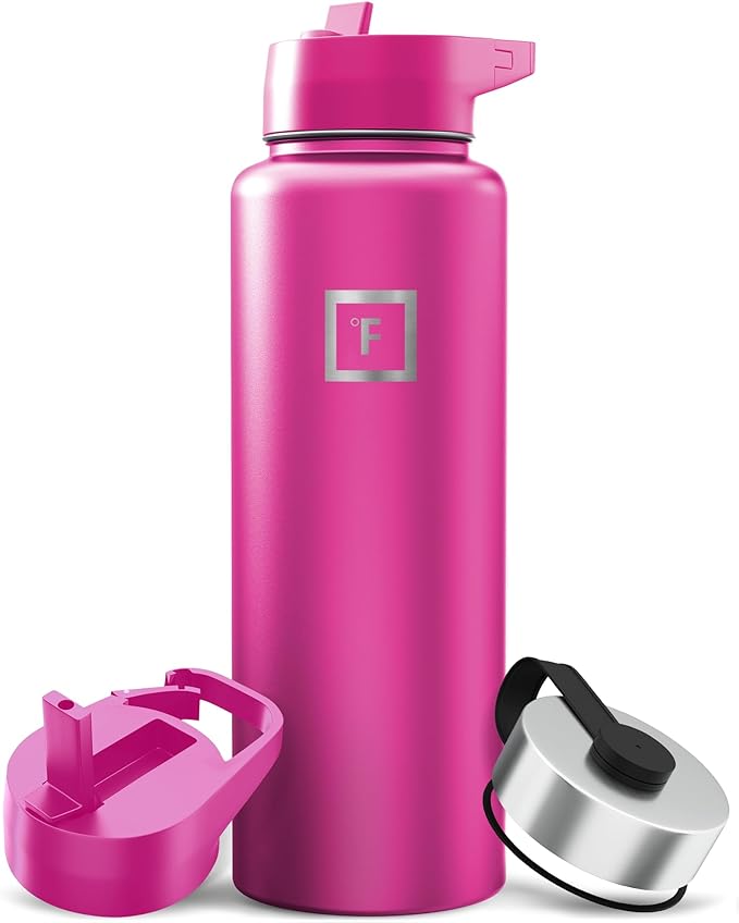 IRON °FLASK Camping & Hiking Hydration Flask with Straw, Wide Mouth Insulated Stainless Steel Sports Water Bottle - 40 oz Pink Tulip