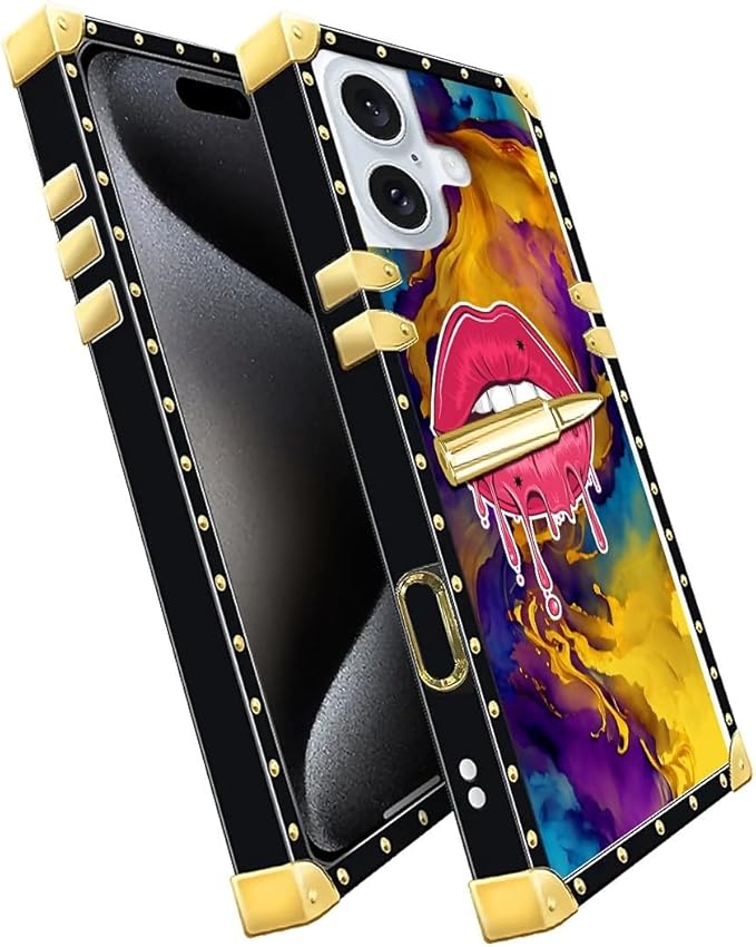 Compatible with iPhone 16 Case, Cool Corlorful Lip Marble Luxury Golden Decoration for Girl Women Soft TPU Shockproof Protective Hard PC Back for iPhone 16