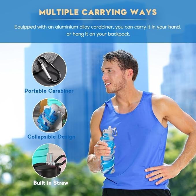 Collapsible water bottles 2 Pack with brush,BPA Free Travel Silicone Water Bottle with Carabiner,Reusable Foldable Portable Lightweight Sports bottles for Gym Camping Hiking (Camo pink+blue)