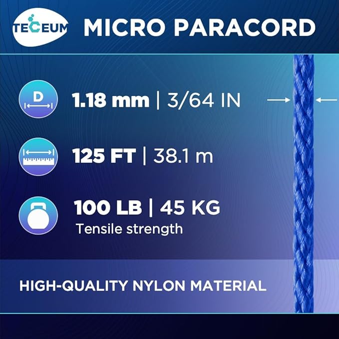 TECEUM Micro Paracord – 1.18 mm X 125 ft – Micro Utility Cord – Thin Braided Paracord Rope – Best for Crafting, DIY Projects, Fishing, Camping – Wind Chime Replacement – Survival Strong String