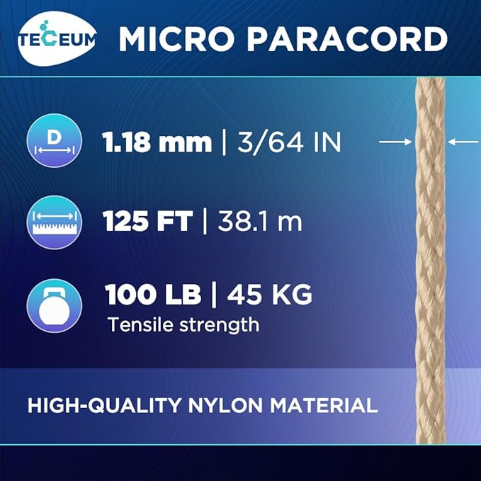 TECEUM Micro Paracord – 1.18 mm X 125 ft – Micro Utility Cord – Thin Braided Paracord Rope – Best for Crafting, DIY Projects, Fishing, Camping – Wind Chime Replacement – Survival Strong String