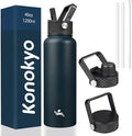 Konokyo 40oz Insulated Water Bottle Stainless Steel Sport Bottles with 3 Lids,Navy Blue
