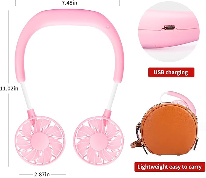 Portable Neck Fan Rechargeable Personal Hand-Free Fan Mini USB Wearable Neckband Sport Fan, 3 Speed Adjustable, 360 Degrees Free Rotation Perfect for Working, Traveling,Office, Reading (Blue Pink)