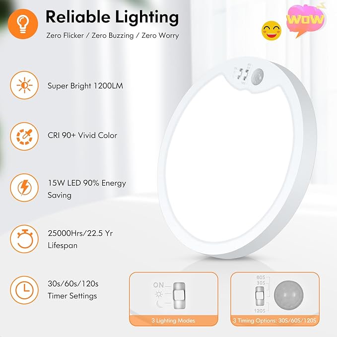 Brightever 7 Inch Motion Sensor Ceiling Light Wired, 15W 1500LM Close to Ceiling Light Fixture, Ultra Slim 0.67Inch, 2700K-6500K Adjustable Motion Sensor Light Indoor for Laundry, Garage, Stairs 1Pack