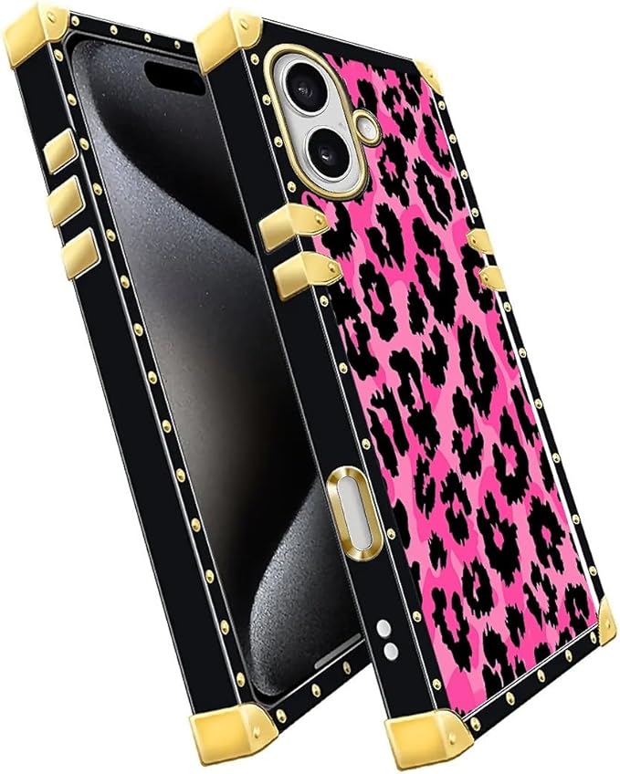 for iPhone 17 Case Luxury Golden Decoration for Girl Women Soft TPU Shockproof Protective Hard PC Back for iPhone 17 Crazy Pattern Pink Black Leopard