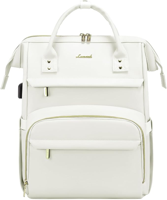 LOVEVOOK Leather Laptop Backpack for Women 15.6 inch,Travel Backpack Purse Nurse Teacher Backpacks Computer Laptop Bag,Professional College Business Work Carry On Backpack with USB Port,Beige White