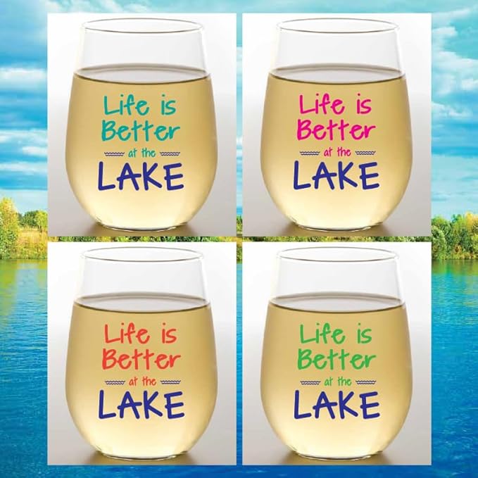 Set of 4 Shatterproof Designer 16 oz Plastic Wine Glasses MADE in the USA (LIFE IS BETTER AT THE LAKE)