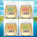 Set of 4 Shatterproof Designer 16 oz Plastic Wine Glasses MADE in the USA (LIFE IS BETTER AT THE LAKE)
