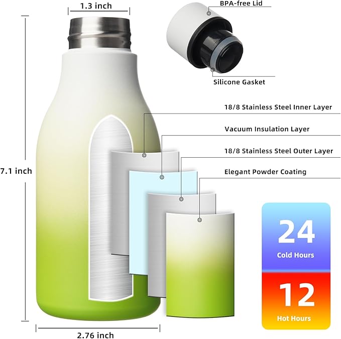 BJPKPK Insulated Water Bottles, 12oz Stainless Steel Metal Water Bottle with Strap, BPA Free Leak Proof Jugs, Mugs, Flasks, Reusable Thermal Flasks for Sports & Travel, Elegant Green