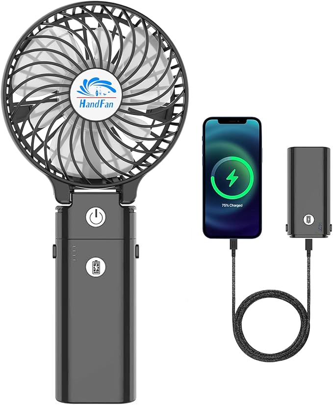 HandFan 5200mAh Portable Handheld Fan, Personal Hand Held Fan USB Rechargeable, 180° Foldable,3 Speeds Strong Airflow Cooling Fan for Travel/Outdoors/Beach/Concerts/Disney/Games/Picnics/Park (Black)