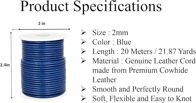 GENIQUE Real/Genuine Round Leather String Cord for Necklace, Bracelets, Jewelry, Kumihimo Braiding, DIY Projects (20 Metres) (2mm, Blue)