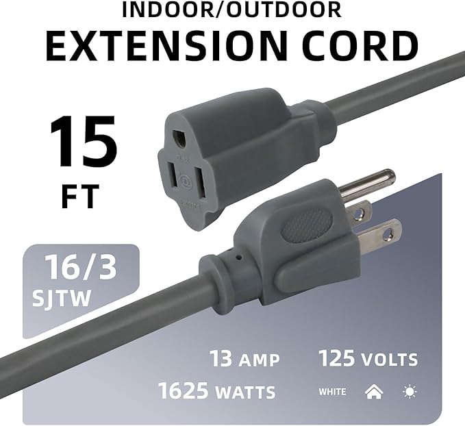 EP 15 Ft Outdoor Extension Cord - 16/3 SJTW Gray Electrical Cable with 3 Prong Grounded Plug