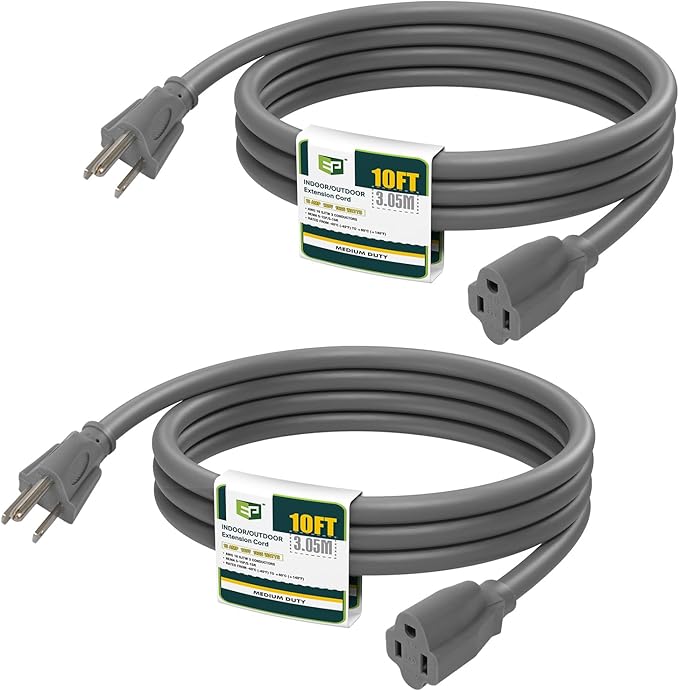 EP 2 Pack 10 Ft Outdoor Extension Cord, 16/3 SJTW Heavy Duty Power Cord, 3 Prong Grounded Plug, Waterproof, Cold-Resistant, 13A 1625W, Ideal for Indoor, Garden, Lawn, and Home Use Gray