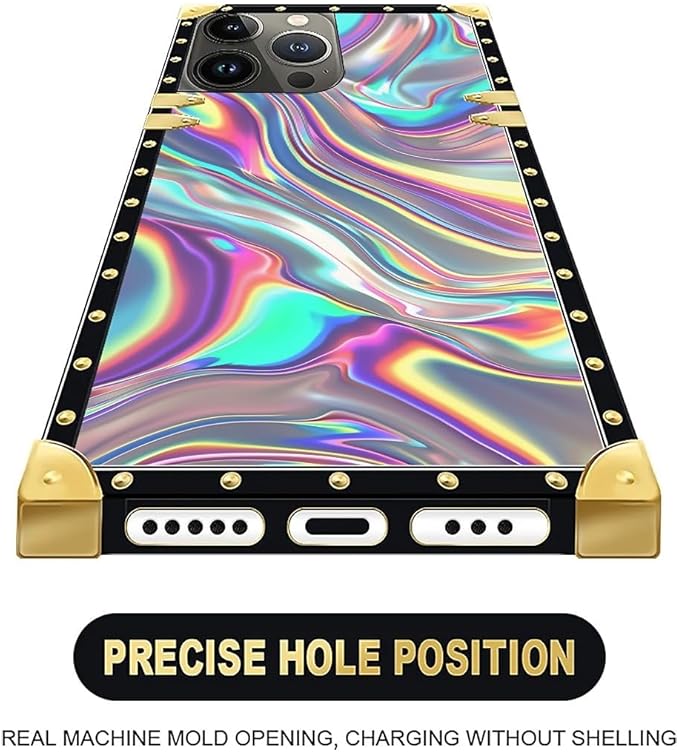 Compatible with iPhone 16 Pro Max Case, Holographic Abstract Iridescent Textures Luxury Golden Decoration for Girl Women Soft TPU Shockproof Protective Hard PC Back