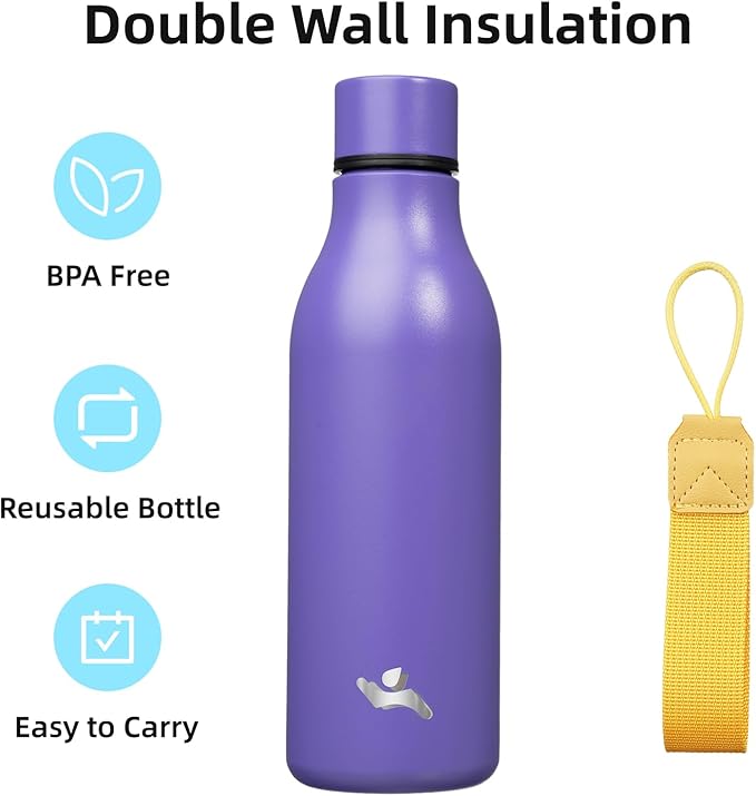 Konokyo Insulated Water Bottle with Strap,18 oz Double Wall Stainless Steel Vacuum Bottles Metal Water Flask,Purple