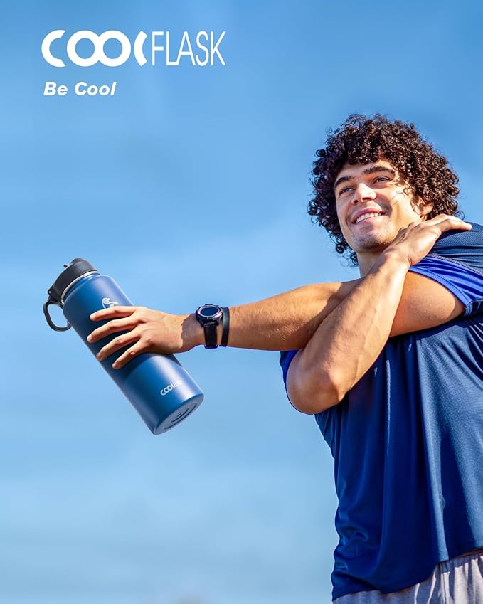 Coolflask Water Bottle 40 oz Insulated with Straw, Stainless Steel Metal 3 Lids Water Flask for Sports or Office, Keep Cold 48H Hot 24H, King's Blue