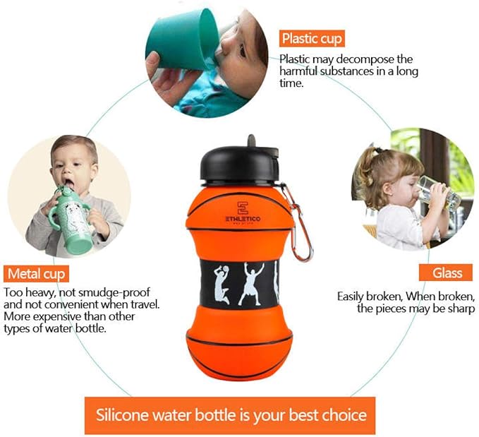 Collapsible Water Bottles with Carabiner Food Grade Sports Water Bottle for Gift Kids Folding Water Bottle for Hiking, School, GYM, Sports and Travelling 19 Oz/550ml (Basketball)