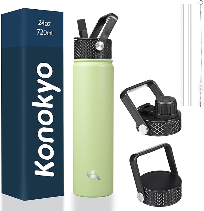 Konokyo Insulated Water Bottle 24oz Stainless Steel Sport Bottles with 3 Lids,Macaron Green