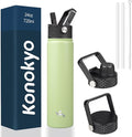 Konokyo Insulated Water Bottle 24oz Stainless Steel Sport Bottles with 3 Lids,Macaron Green