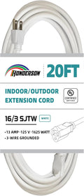 Indoor Outdoor Extension Cord Weatherproof, UL Listed, 16 Gauge 20FT White 3 Prong Heavy Duty, 16/3 SJTW 13A Power Cord for Outdoor Lights, Appliances, Lawn