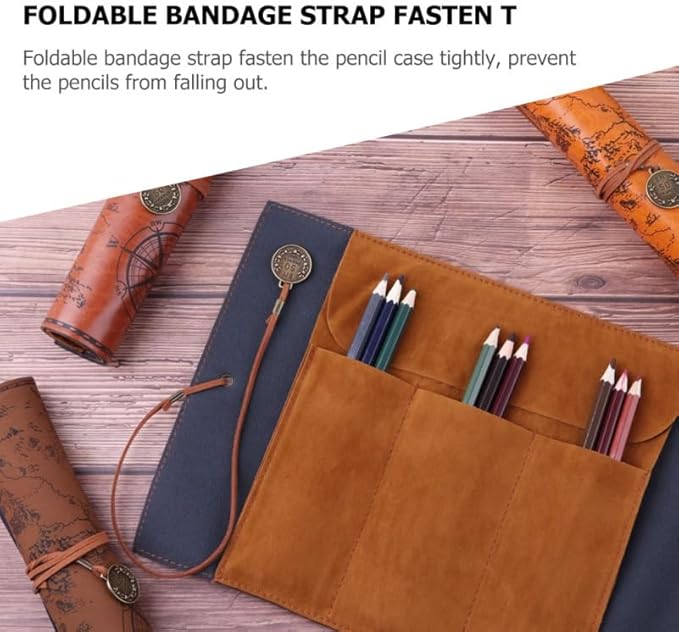 MAGICLULU Retro Treasure Map Roll up Pencil Case Leather Large Capacity Pencil Pouch Organizer for Art Supplies and Makeup Brushes 8.19X8.19 Inches