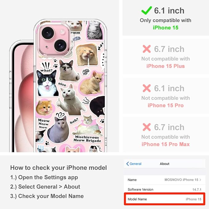MOSNOVO Case for iPhone 15, [Buffertech 6.6ft Military-Grade Drop Protection] [Anti Peel Off Tech] Clear TPU Bumper Phone Case Cover Design - The Cat Brigade