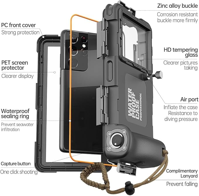 Hllhunkhe Universal Underwater Phone Case for Snorkeling, Professional Diving Waterproof Phone Case for iPhone 7-17 Pro/Pro Max/Plus/Mini, Galaxy S10-S25 Ultra/Plus and Most Phones,Black