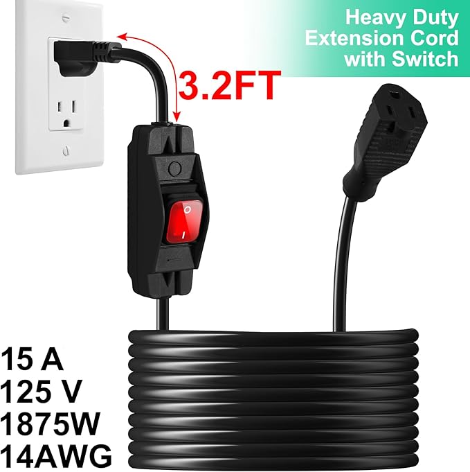 Outdoor Extension Cord with Switch On/Off Waterproof Switch 3 Prong Extension Cord with Inline Cord Switch, Heavy Duty Extension Cord 125v/250v Black Sjtw Extension Cord(25 Ft, Black)