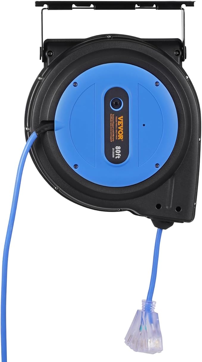 VEVOR 80FT Retractable Extension Cord Reel, 12AWG/3C SJTOW Heavy Duty Power Cord w/Lighted Electrical Triple Tap Outlets, 15A Circuit Breaker,180° Swivel Bracket for Workshop or Garage, Blue
