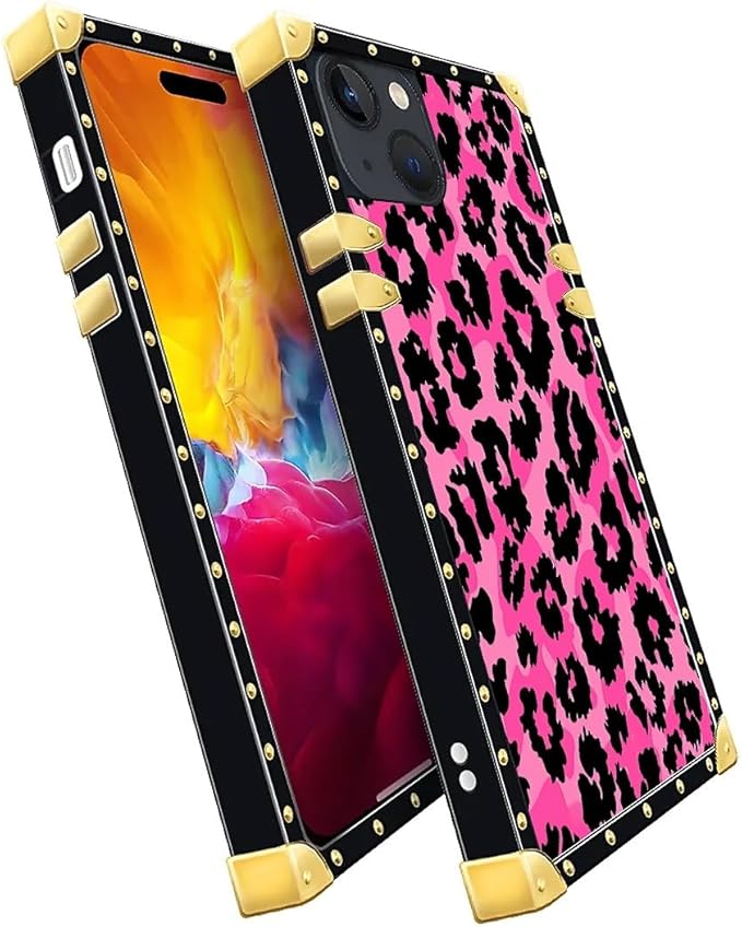 Compatible with iPhone 15 Case, Pink Black Leopard Luxury Golden Decoration for Girl Women Soft TPU Shockproof Protective Hard PC Back for iPhone 15